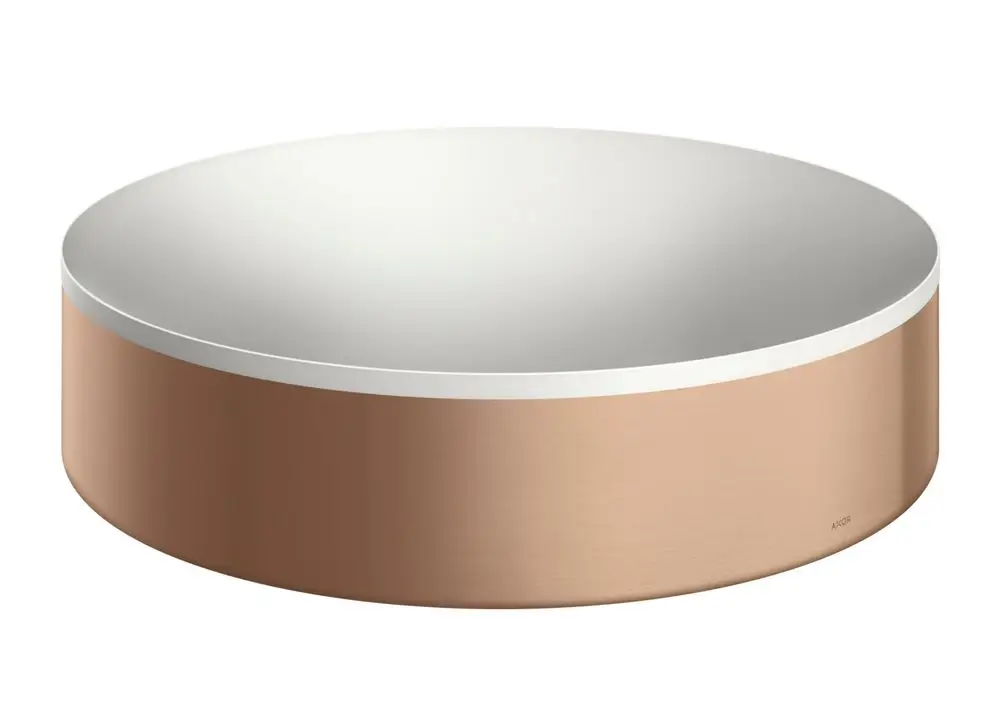Runder Waschtisch mit schmaler, umlaufender Kante und matter Oberfläche in Brushed Red Gold von der Marke AXOR, ohne Hahnloch oder Überlauf.